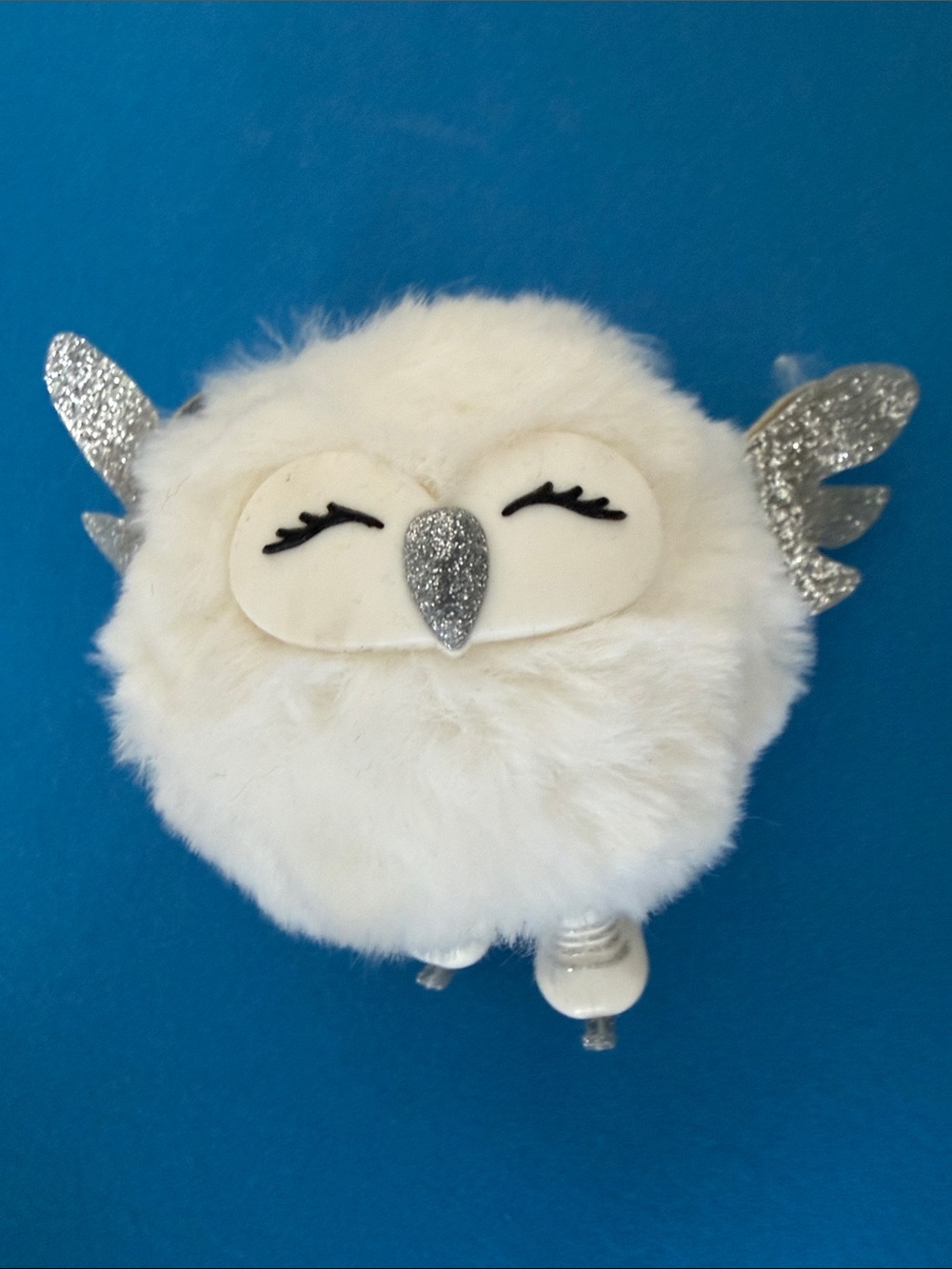 Plush White Owl Snowball with Silver Glitter Wings Pocket Sanitizer holder